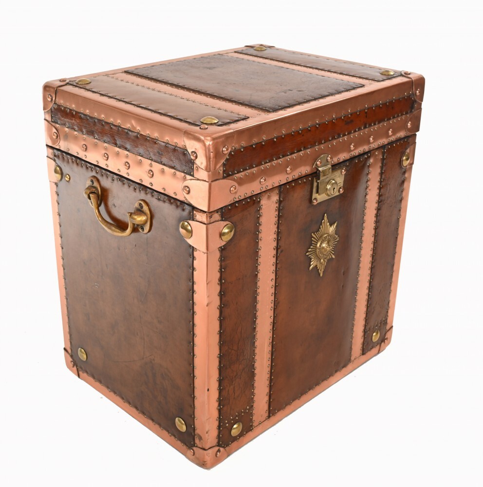 Leather Copper Luggage Box Steamer Trunk Case Table