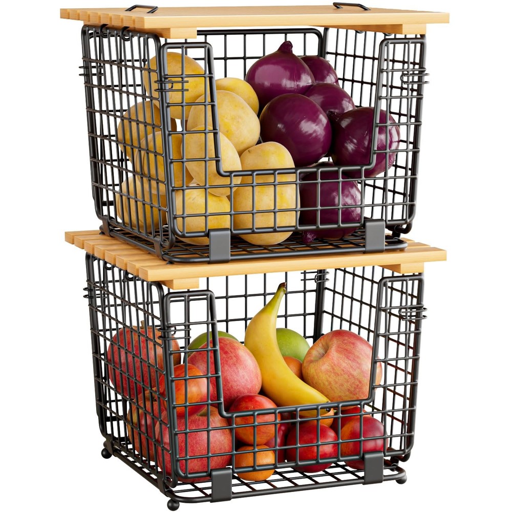 GGIU Stackable Pantry Basket: Kitchen Counter Organizer for Vegetables, Black