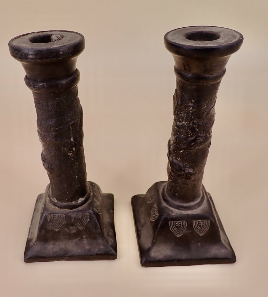 Older Nippon Brown Clay Dragonware Candlesticks signed