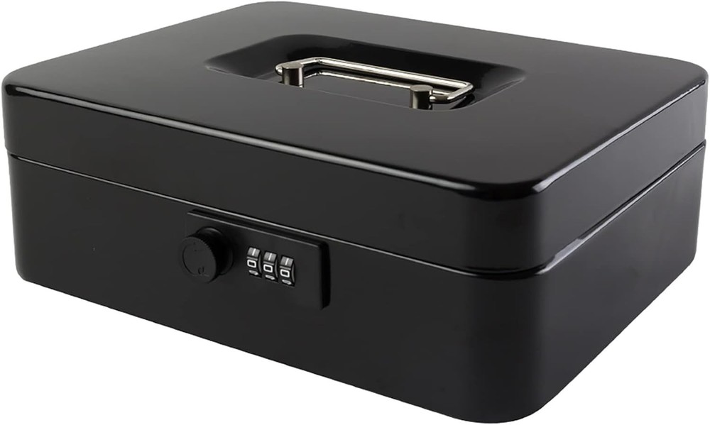 Security-Focused Black Cash Box with Combination Lock & Spacious Tray, 9.84x7.87