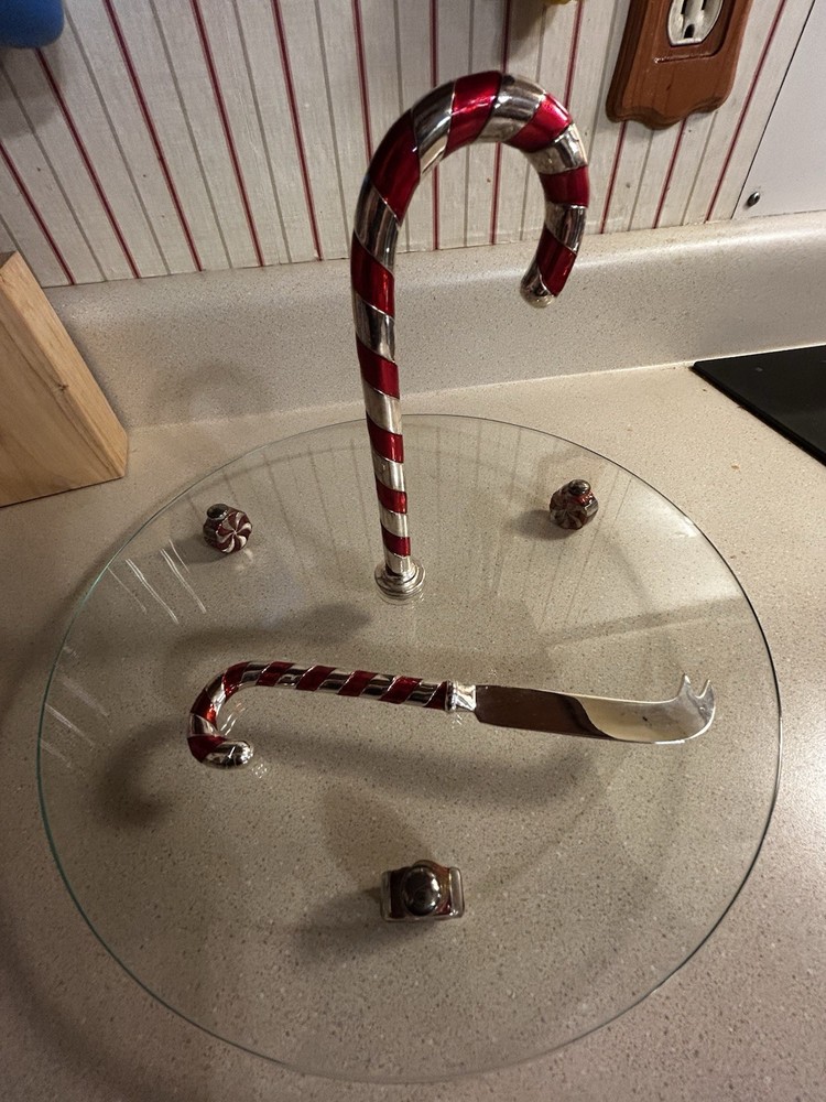 Godinger Silver Plated Candy Cane Design 12" Dia. Cake Stand with Cake Server