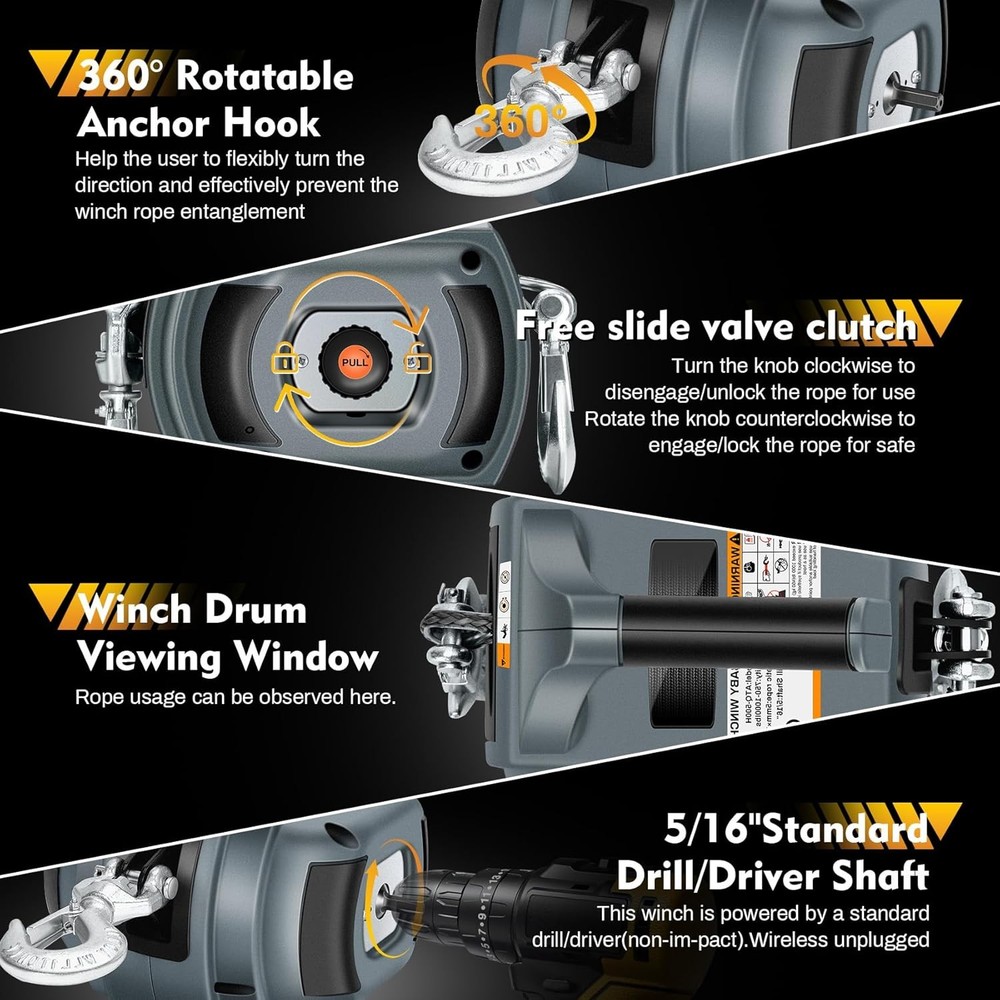 Portable Drill Winch of 1000 LB, Black Handheld Drill Winch, Grey