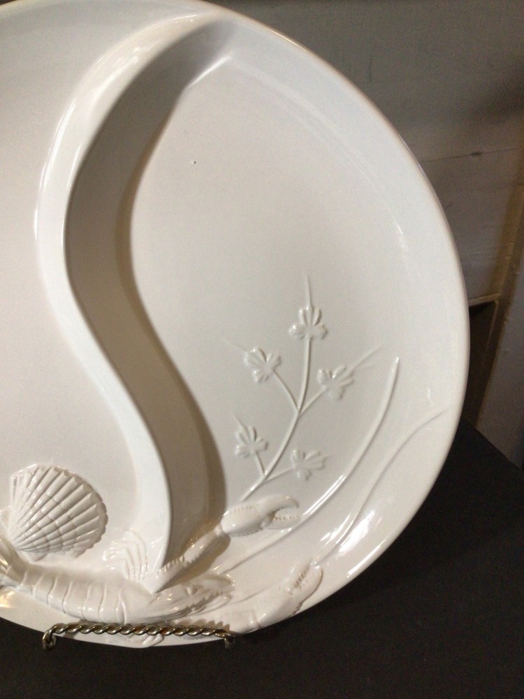 Elements White Ceramic Divided Platter with Seafood Motif