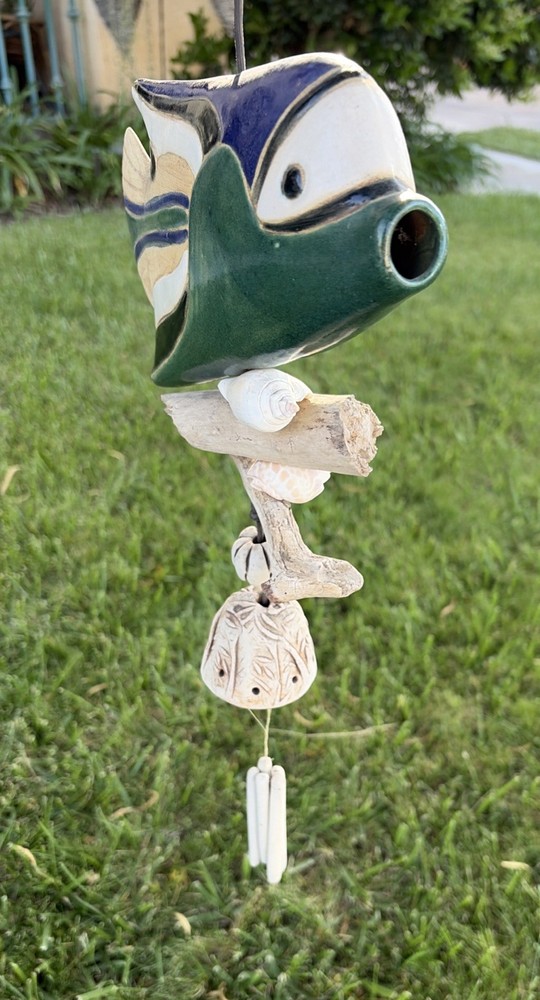 Hazel Olsen Attributed Driftwood Fish Pottery Shells Wind Chime Wall Hanging