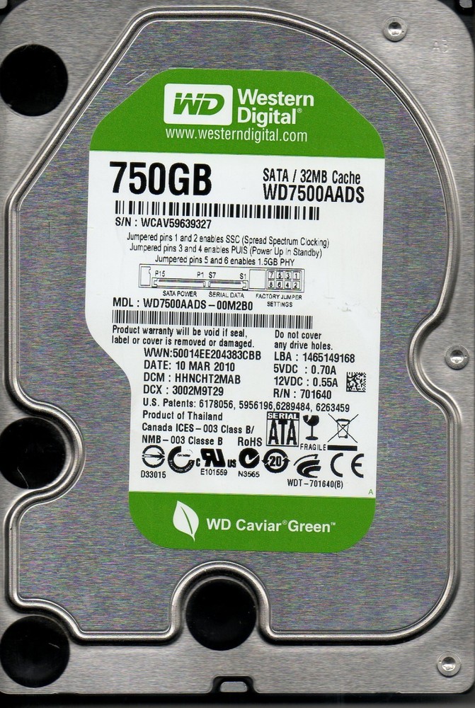 WD7500AADS-00M2B0 dcm: HHNCHT2MAB MAR 2010 sn: WCAV5 Thailand WESTERN DIGITAL