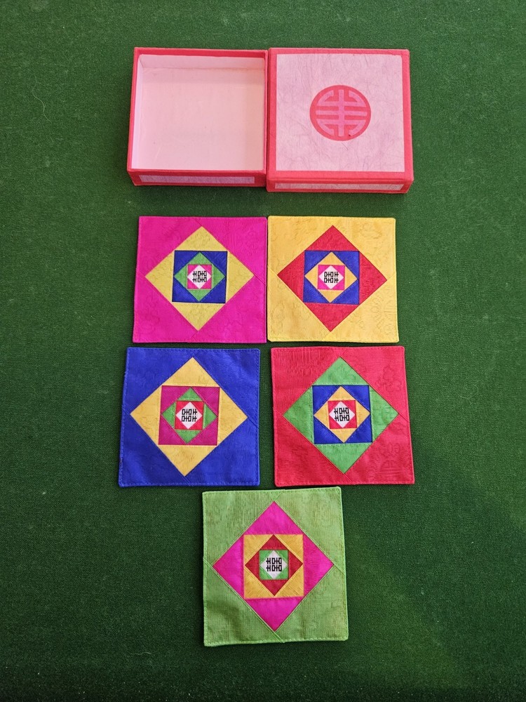 Korea Coaster 5x Colorful Fabric in Original Box Patchwork Pattern