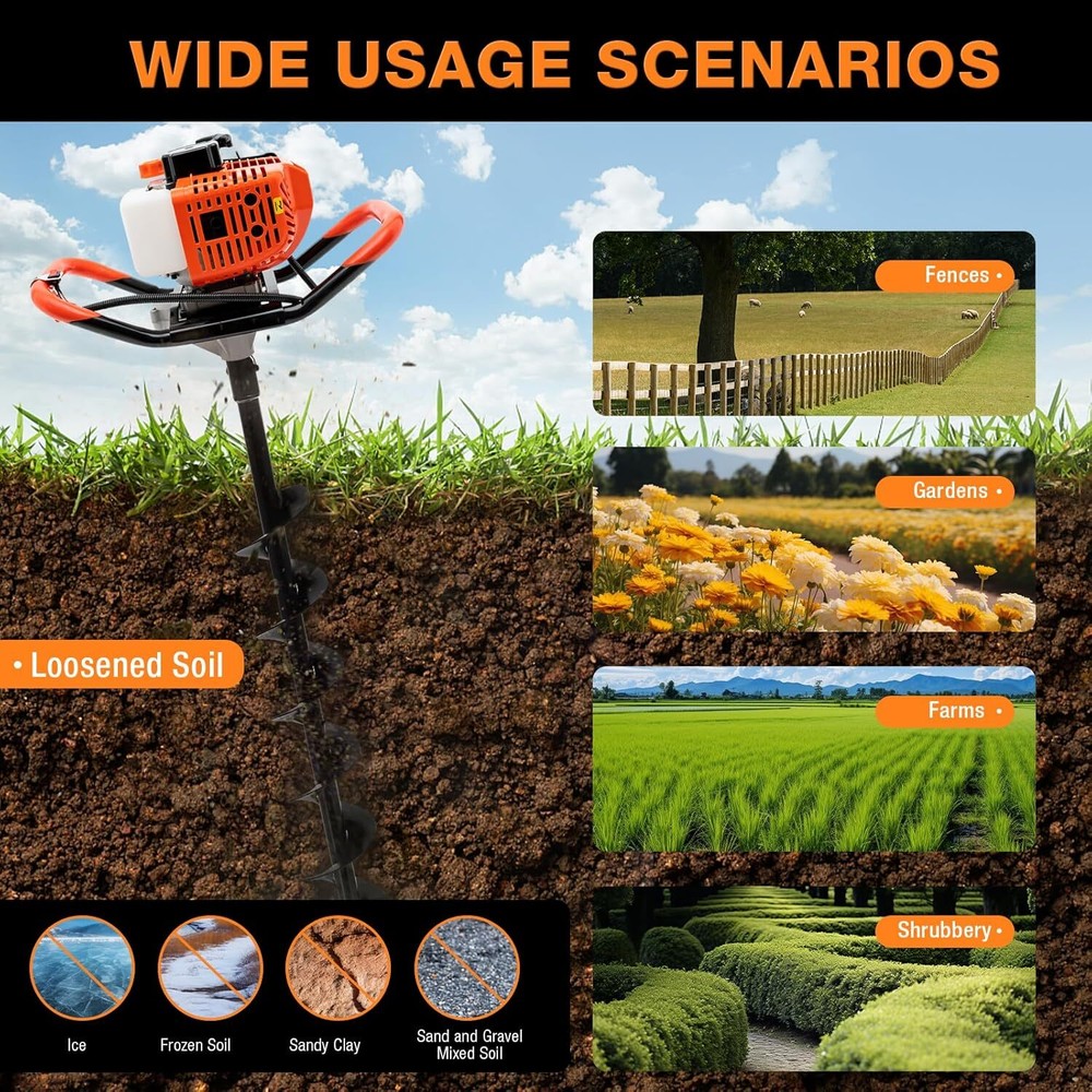 52cc Two-Stroke Auger Post Hole Digger with 3 Drill Bits for Efficient Digging