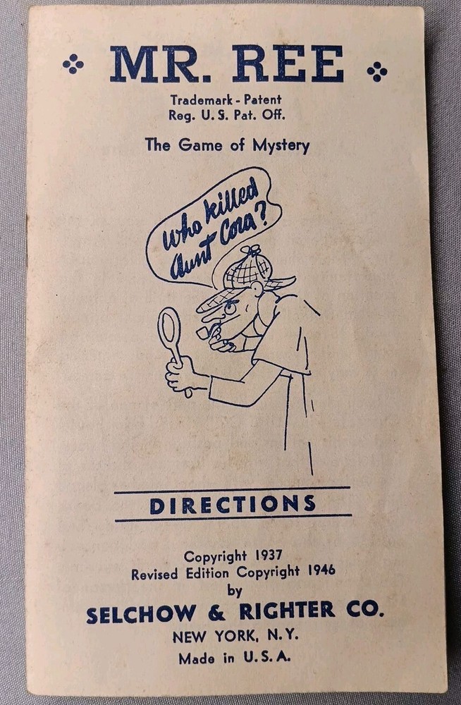 1943 Mr. Ree The Fireside Detective Vintage Board Game + Box Missing 2 Pieces