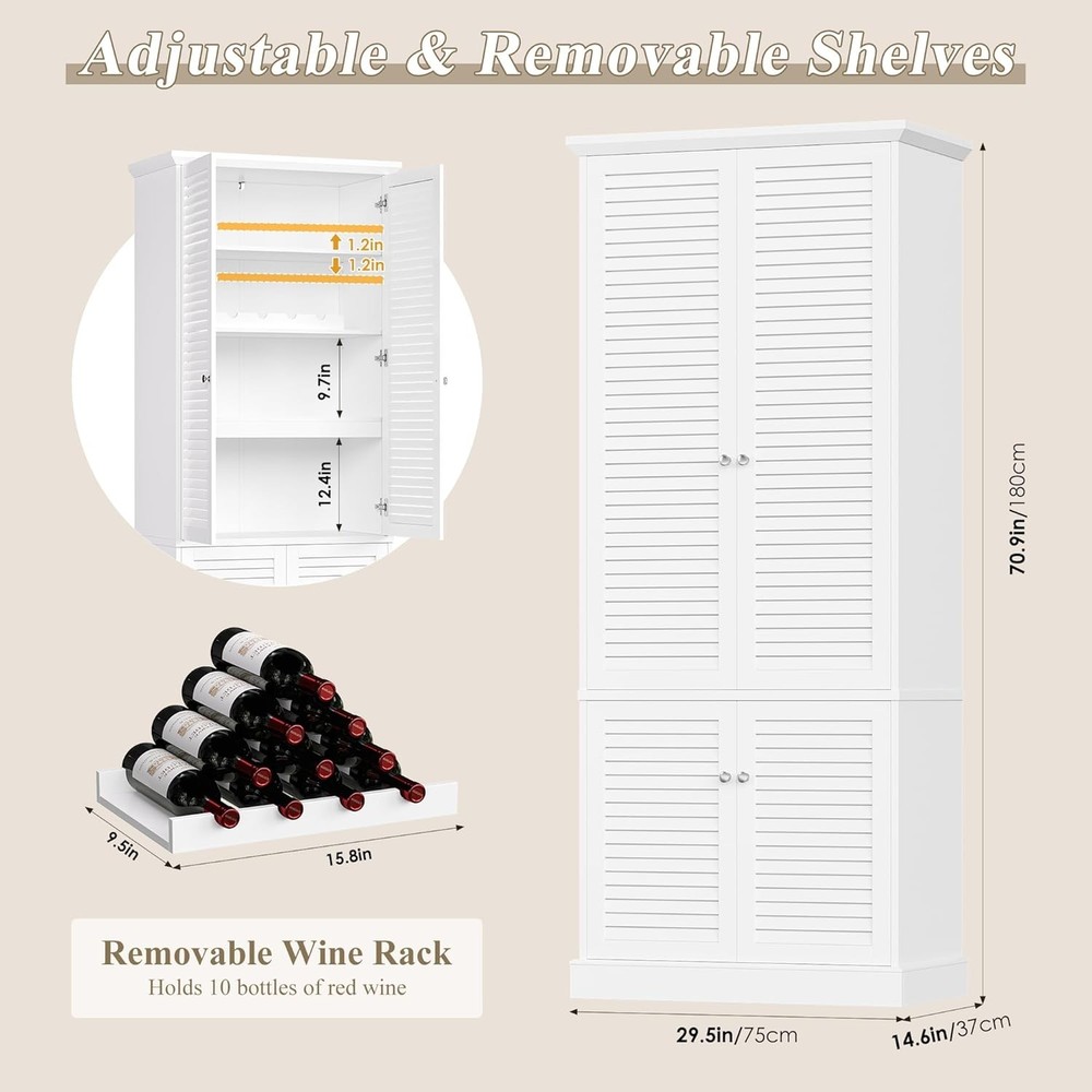 70.9in Tall Storage Cabinet Shutter Doors Wine Rack