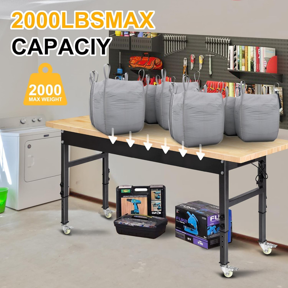 60" Adjustable Work Bench, Rubber Wood Top Workbench Heavy-Duty Work Table with