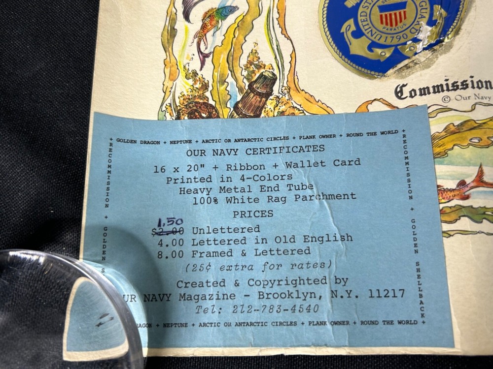 1968 USCG Atlantic Fleet Range Support Facility Plank Owner Certificate