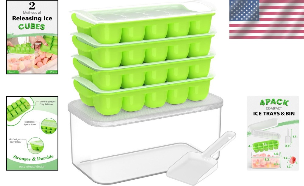4 Pack Stackable Silicone Ice Cube Trays with Lids - BPA Free & Dishwasher Safe