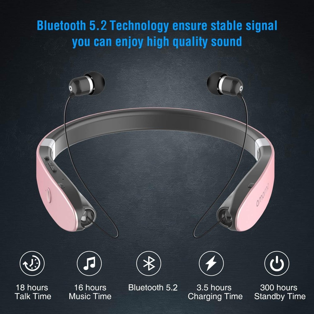 Foldable Bluetooth Headphones Wireless Neckband Headset with Retractable Earb...