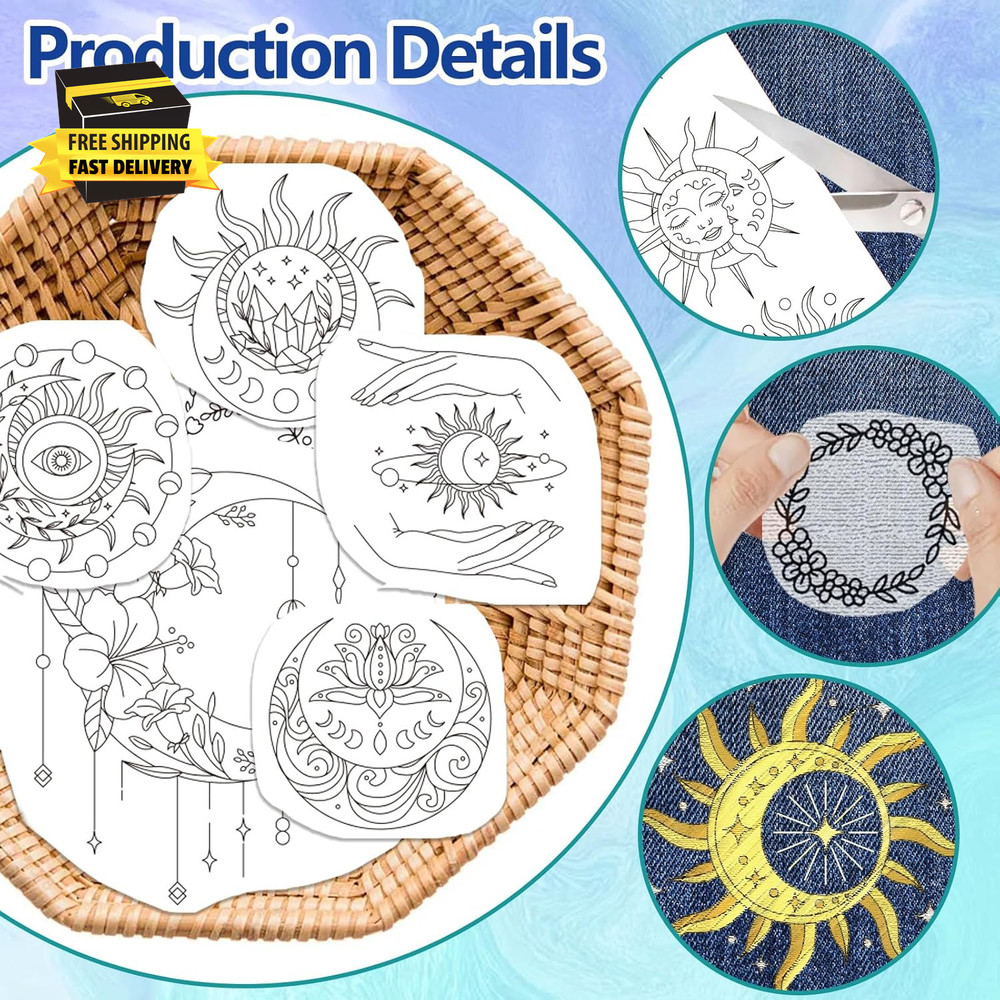 4 Sheets Sun and Moon Pattern Water Soluble Hand Sewing Stabilizers for Fabric E