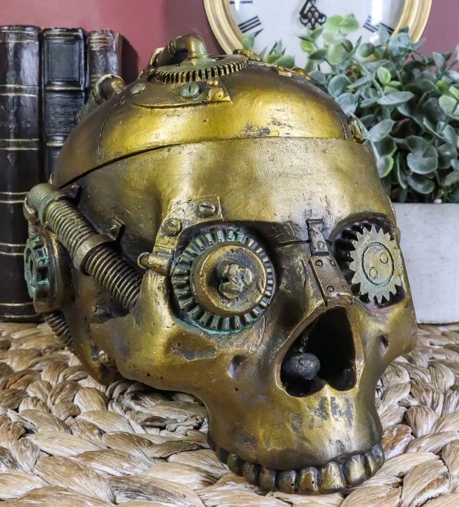 Steampunk Skull Box Robotic Gearhead Half Head 7.5" Long Container Keepsake Box
