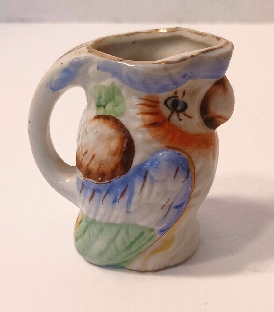 Vintage Parrot Small Ceramic Pitcher with Handle Japan Approx. 2 5/8"