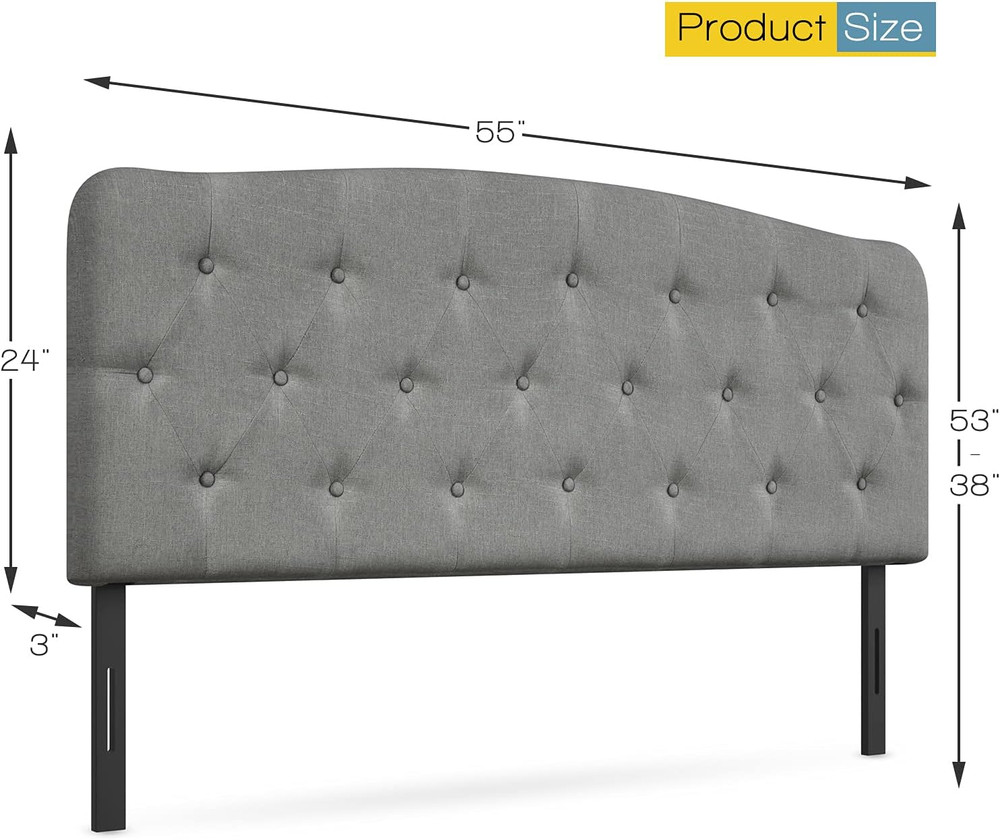Modern Light Grey Upholstered Button Tufted Headboard, Adjustable Height, Full S