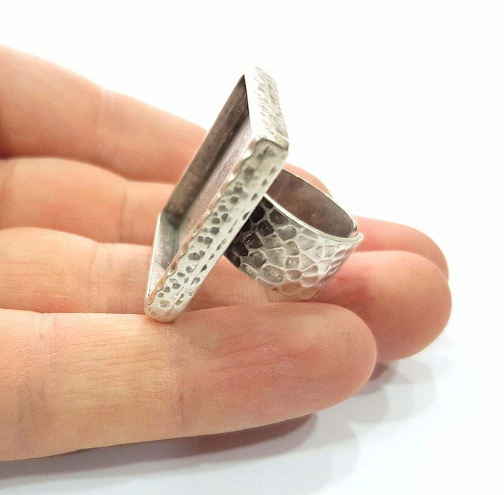 Hammered Square Ring Blank Base Bezel Setting Adjustable Antique Silver
