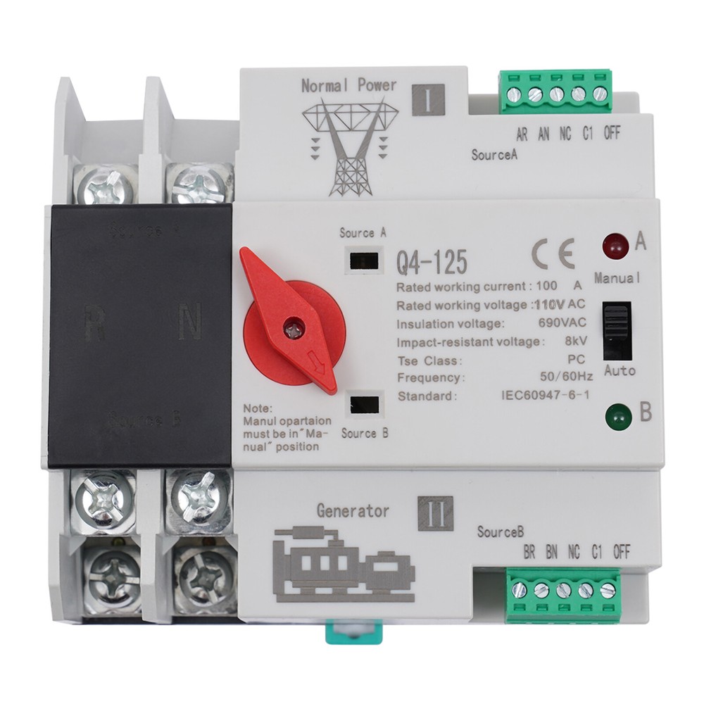 100A PC Level Dual Power Automatic Transfer Switch 2P Generator Changeover 110V