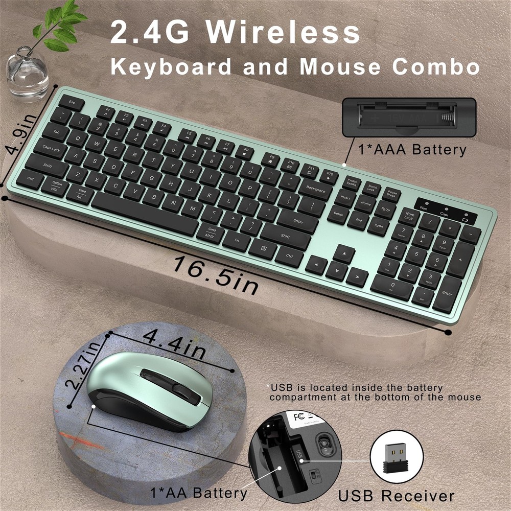 Wireless Keyboard And Mouse Combo Full-Size 104-Key Numeric Keypad Green Set