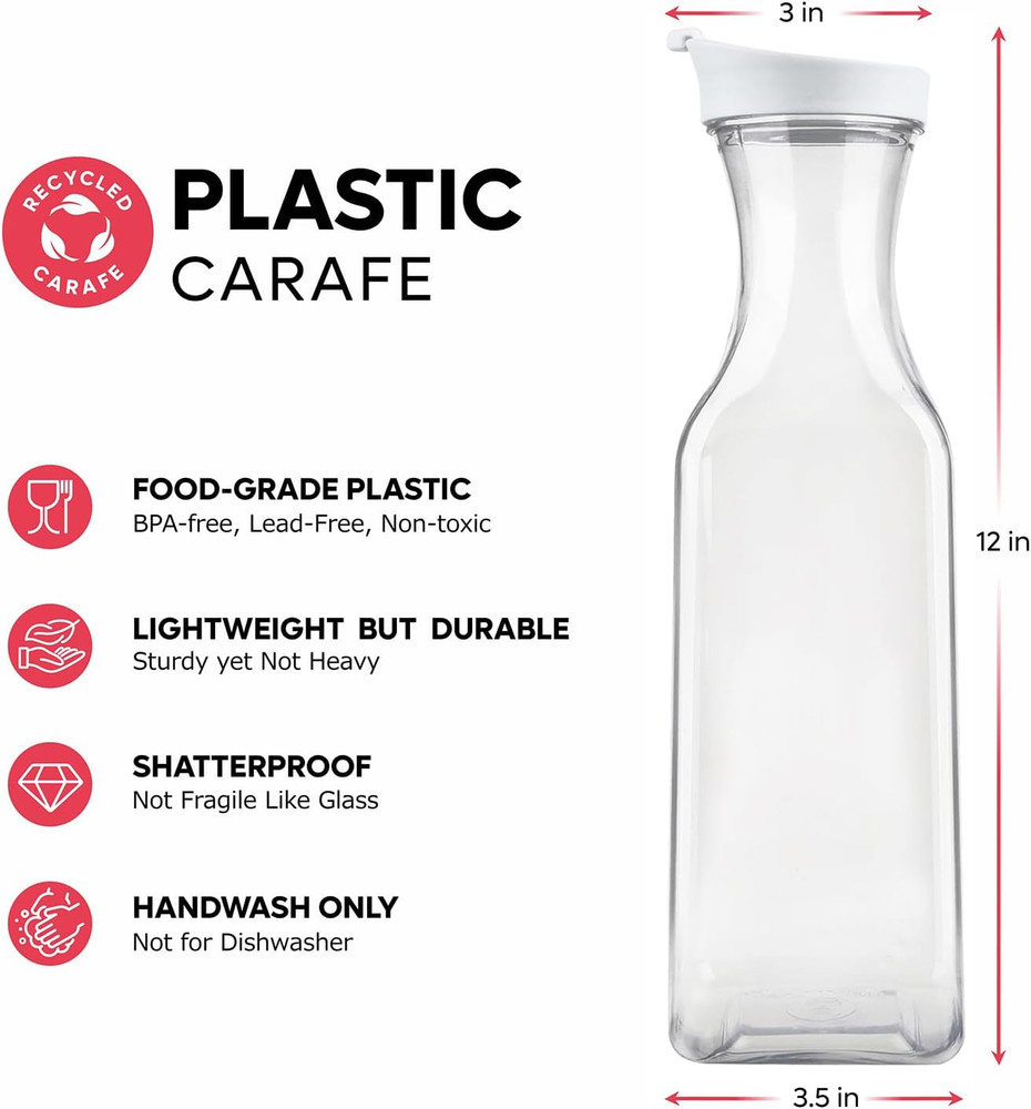 [50 Oz - 2 Pack] Plastic Carafe with Lid, Large Capacity Square Base - Clear Pit