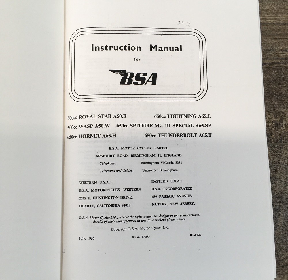 BSA A65 Thunderbolt Motorcycle Operators Manual Owners Book Construction Twin