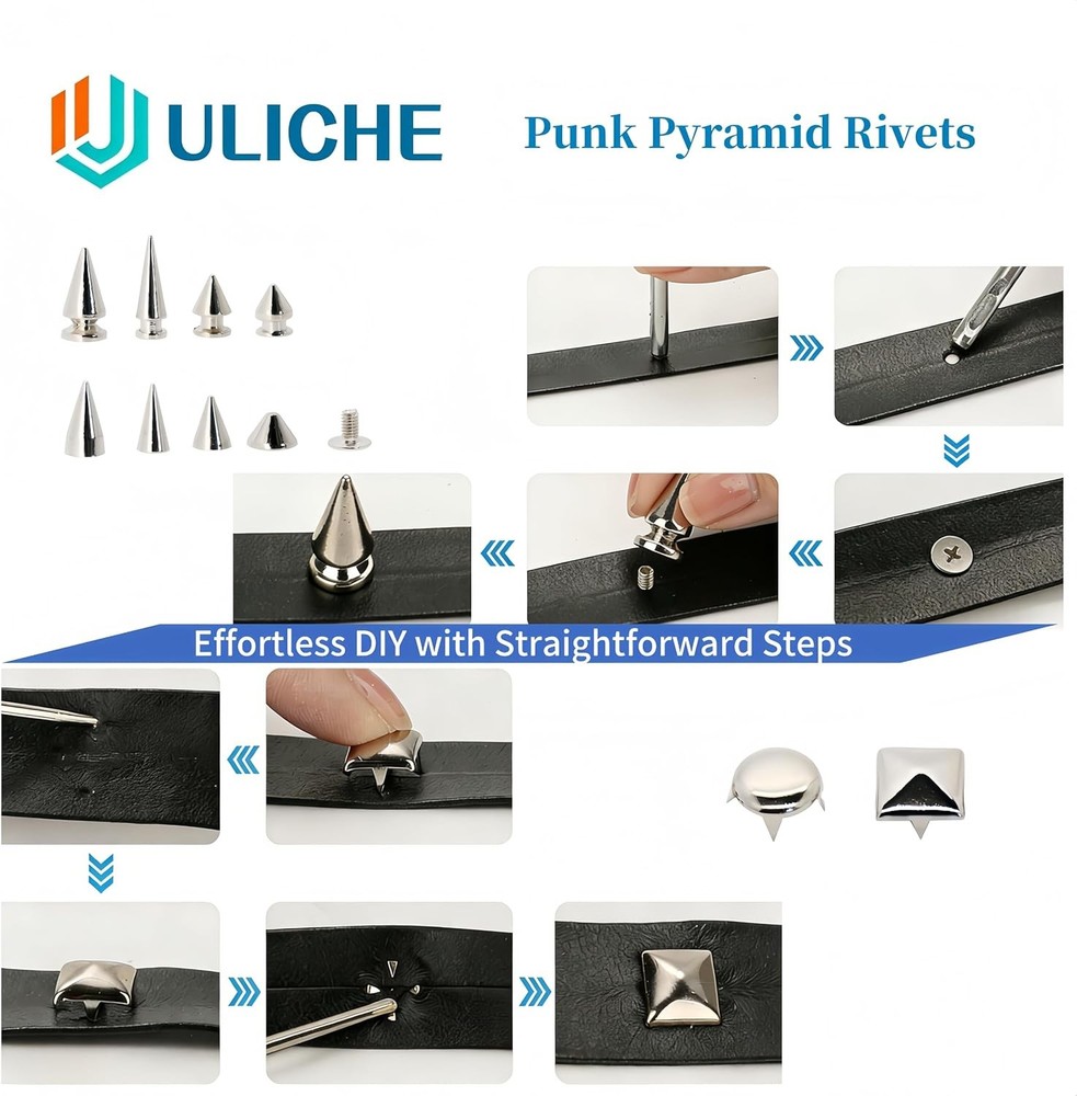 Uliche 559 Pcs Punk Studs and Spikes Kit，8 Sizes Cone Spikes,Square Pyramid&Ci