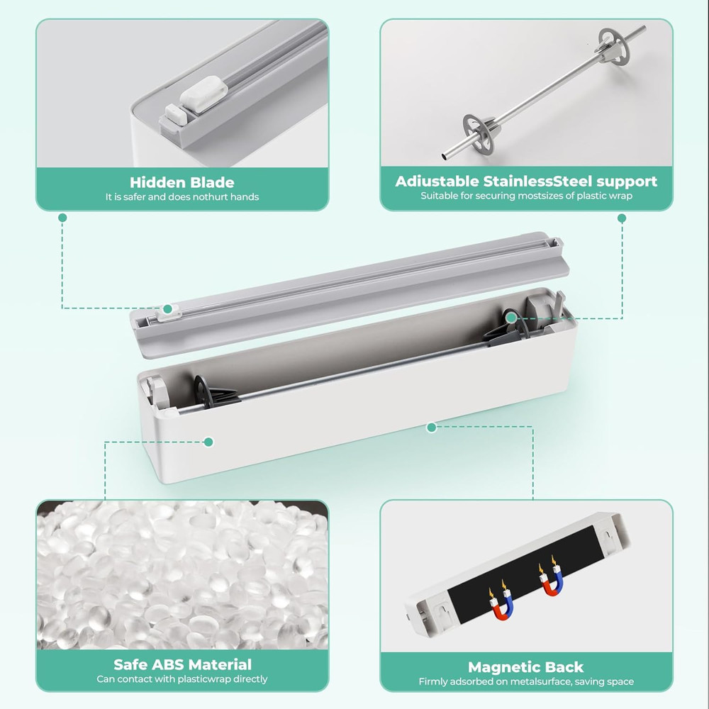 Magnetic Plastic Wrap Dispenser with Cutter - Upgrade Practical Refillable Clin