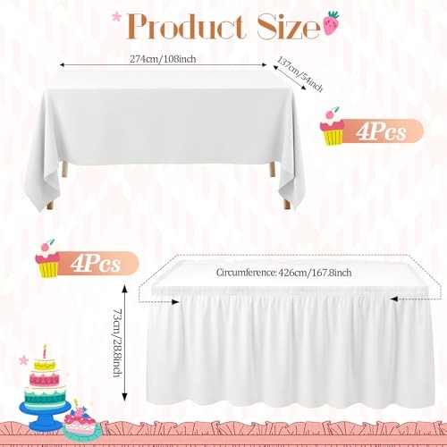 8 Pcs White Table Skirts and Stain Proof Table Cloths 168 x 29 Rectangle