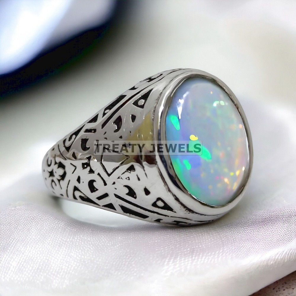 Opal Oval Cut Gemstone With 14K Solid White Gold Ring For Men's #872