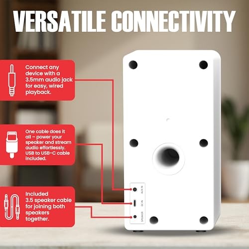 Audiosource Desktop PC Speakers with Bluetooth 5.3, USB-C Plug & Play, White