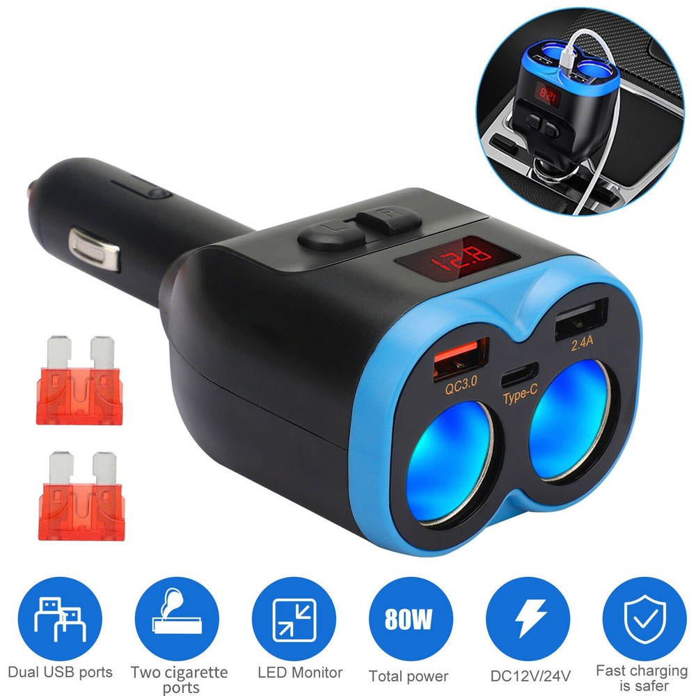 Car USB Cigarette Lighter Socket Splitter Power Adapter Dual USB Car Charger