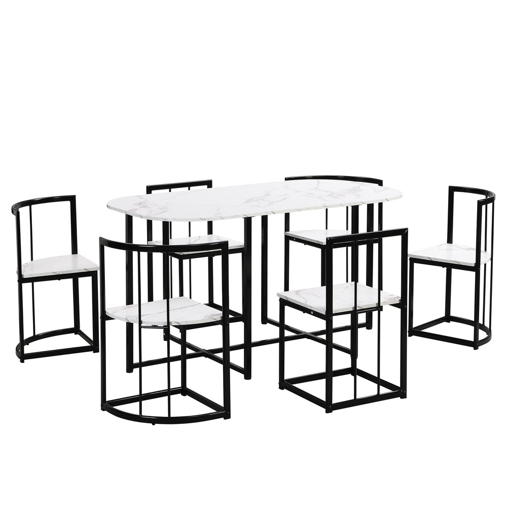 Modern 7-Piece Dining Table Set, Kitchen Faux Marble Table with Chairs for 6