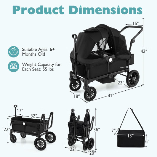 2 Seater Push Pull Collapsible Kids Wagon Stroller with Adjustable Handlebars-Bl