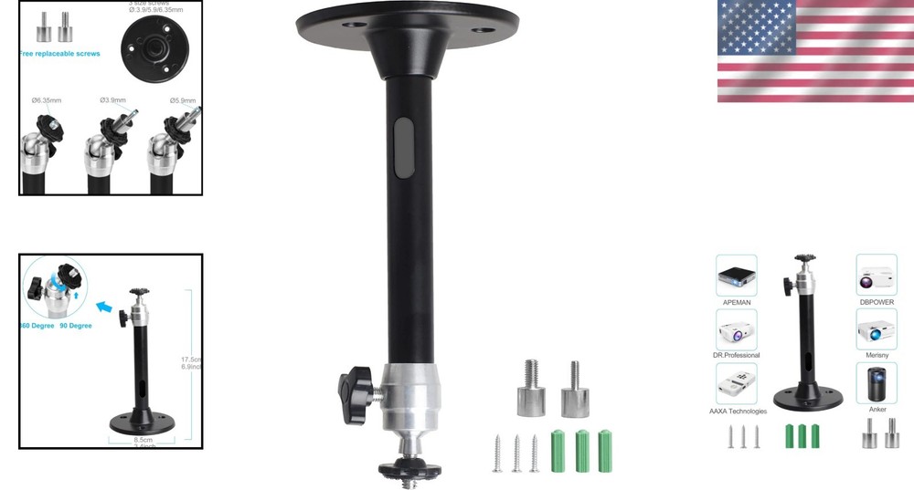 Adjustable Ceiling Projector Mount for Mini Projectors - 175mm Metal Black Stand