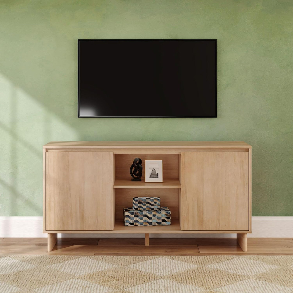 59" Modern Pine Sideboard Buffet Cabinet with Doors & Shelf