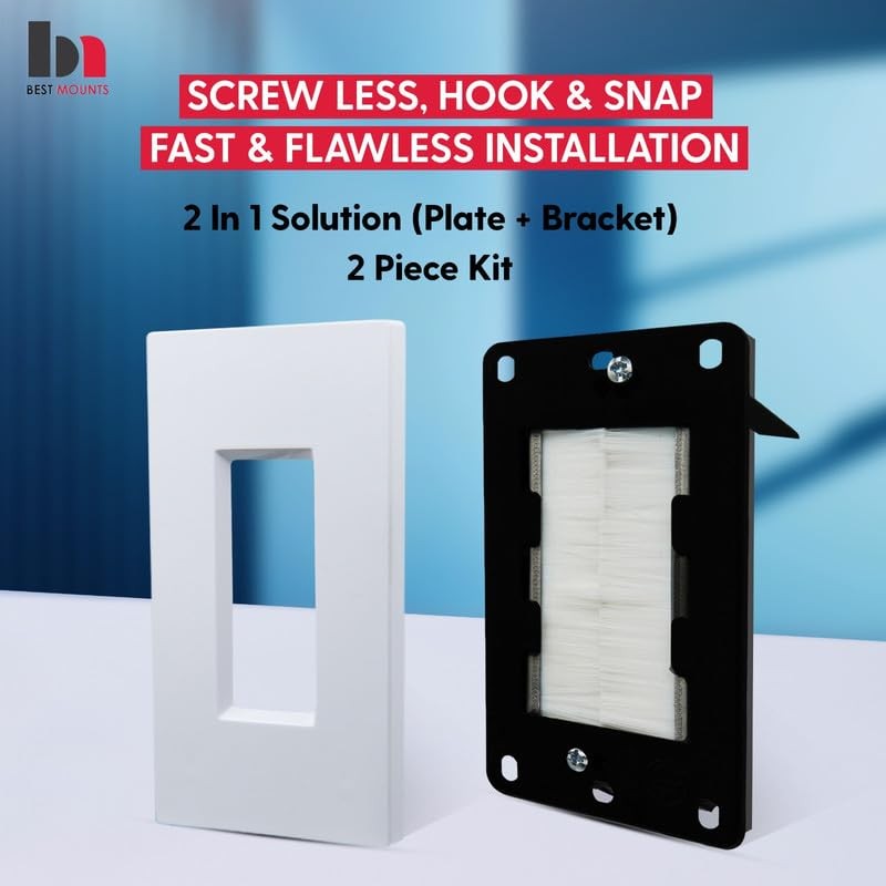 Set of 2 Brush Wall Plate Cable Pass 2 Pack, Mounting Bracket, White