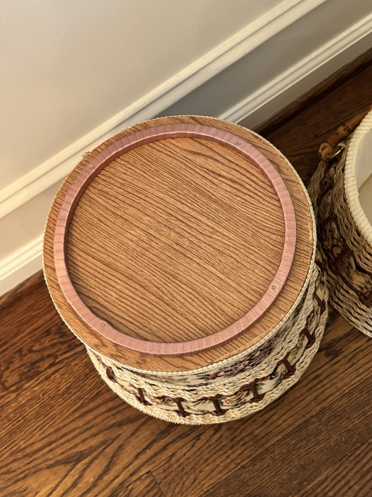 Vintage Rare Triple Stack Three Tier Wicker Sewing Basket Upholstered Ottoman