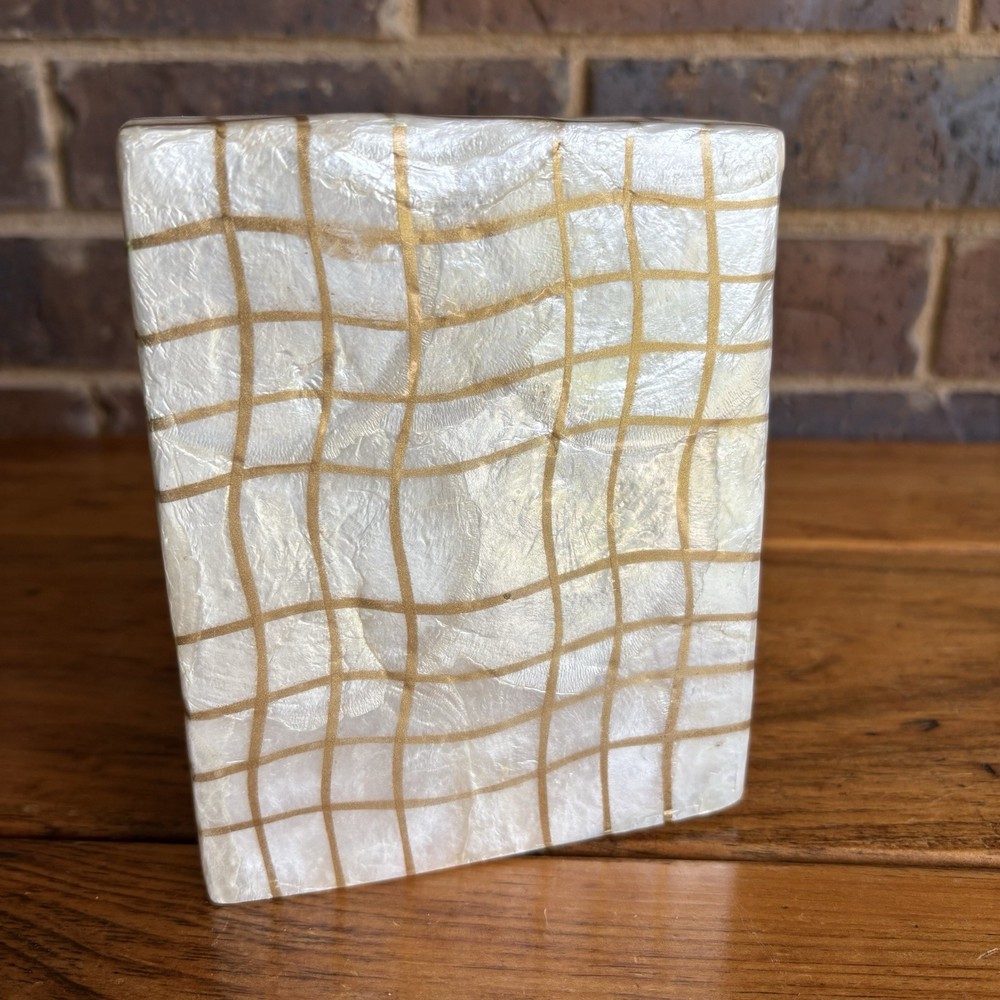Capiz Shell Square Tissue Box Cover With Gold Plaid Pattern