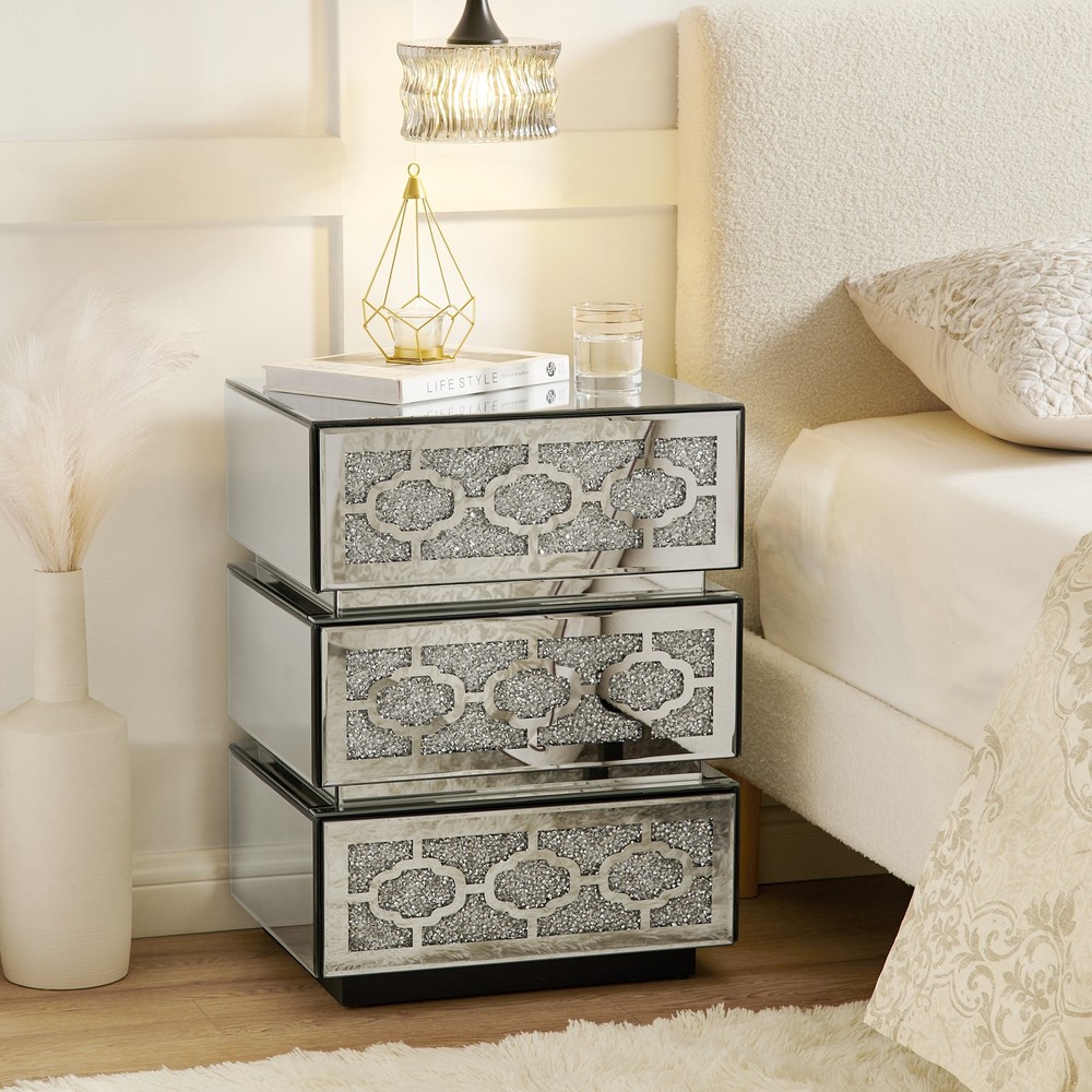 Mirrored Bedside Nightstand, Modern Side Table with 3 Drawers, Silver Accent