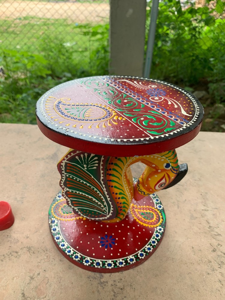 Decorative Wooden Hand Made Stool Indian Old Design Painted Peacock Stool Table