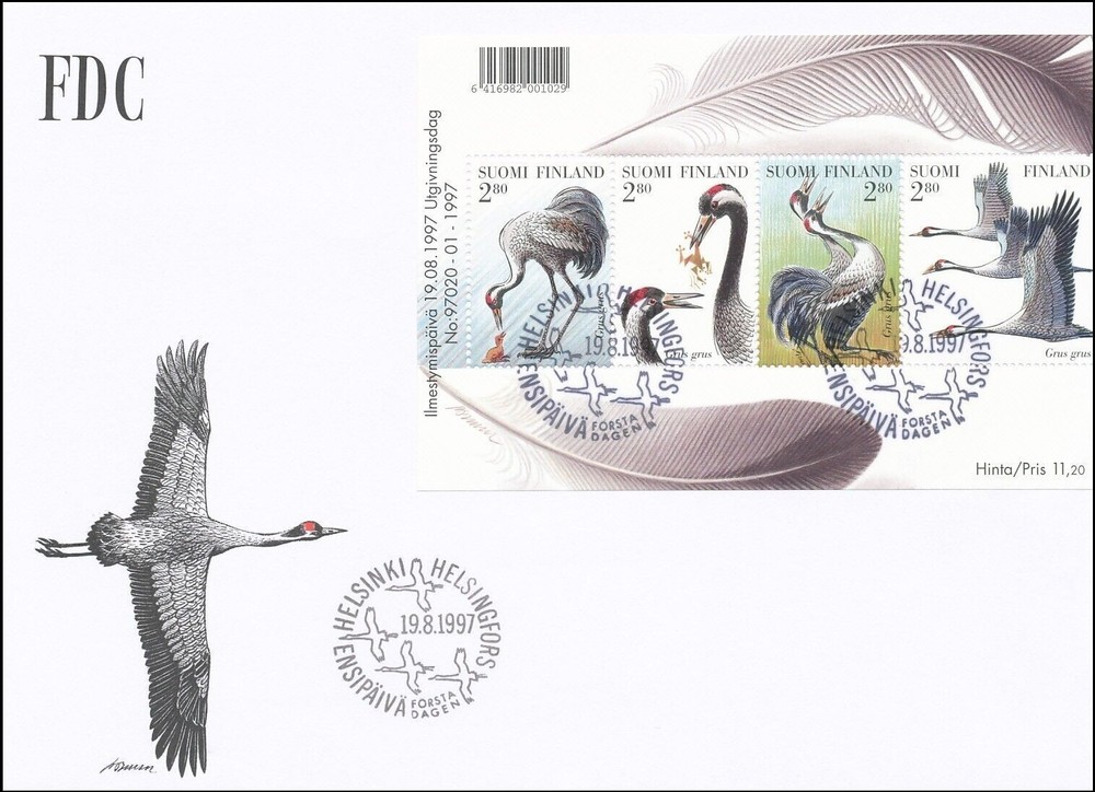 Cranes Exotic Birds Sheet Finland Mint FDC Sheet 1997