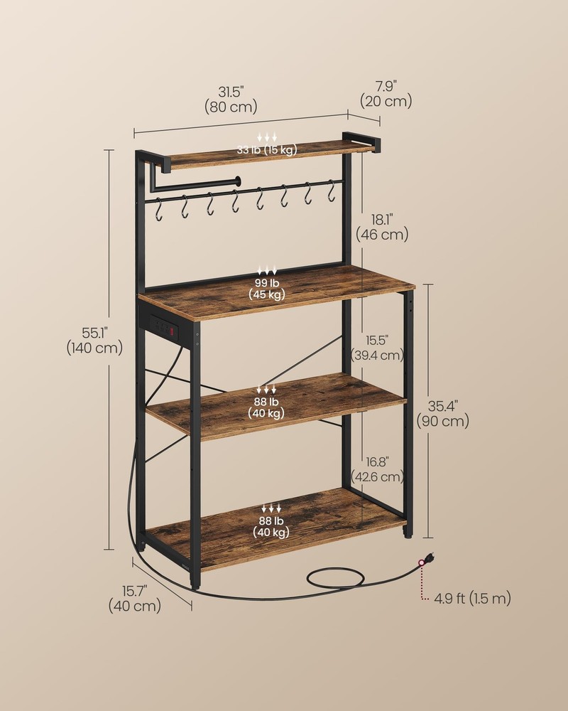 4-Tier Kitchen Bakers Rack with Power Outlet, Adjustable Shelf, Coffee Bar Stand