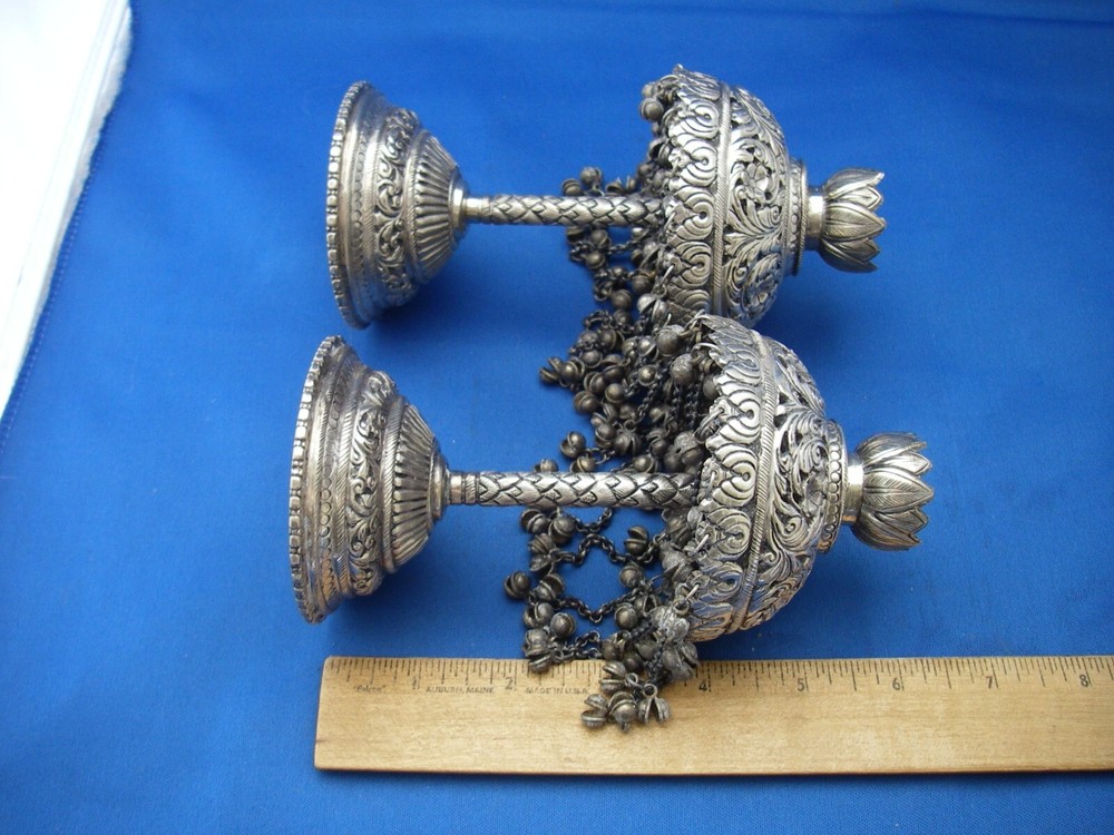 Old PAIR INDIAN Silver PALM / UMBRELLA Shaped CANDLESTICKS-Pierced-Bell Dangles