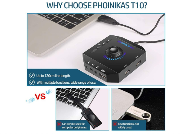 External Sound Card, PHOINIKAS USB Audio Adapter for PC Windows, Mac, Linux, Lap