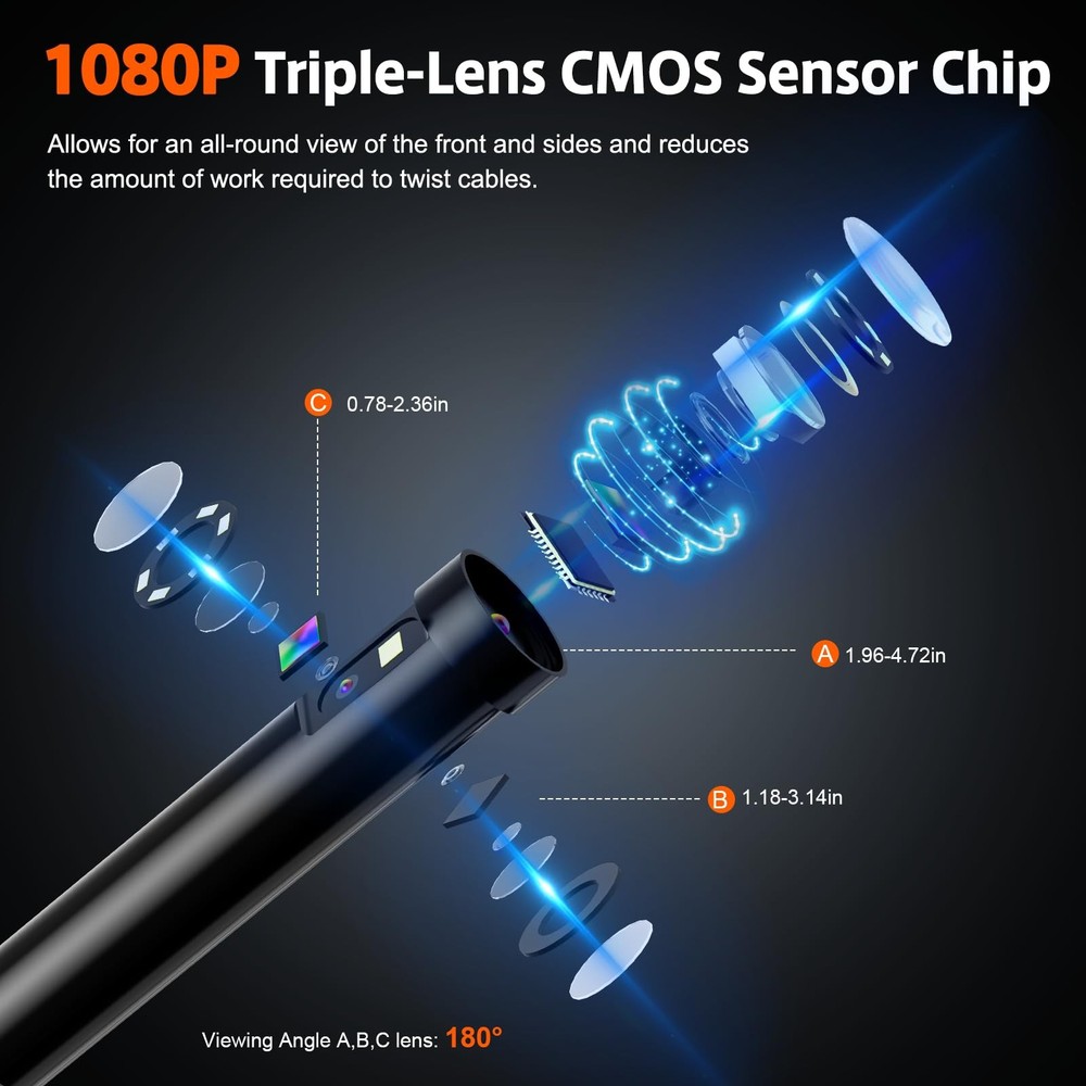 Triple Lens Inspection Drain Camera, 5 IPS Split Screen Borescope with Light &