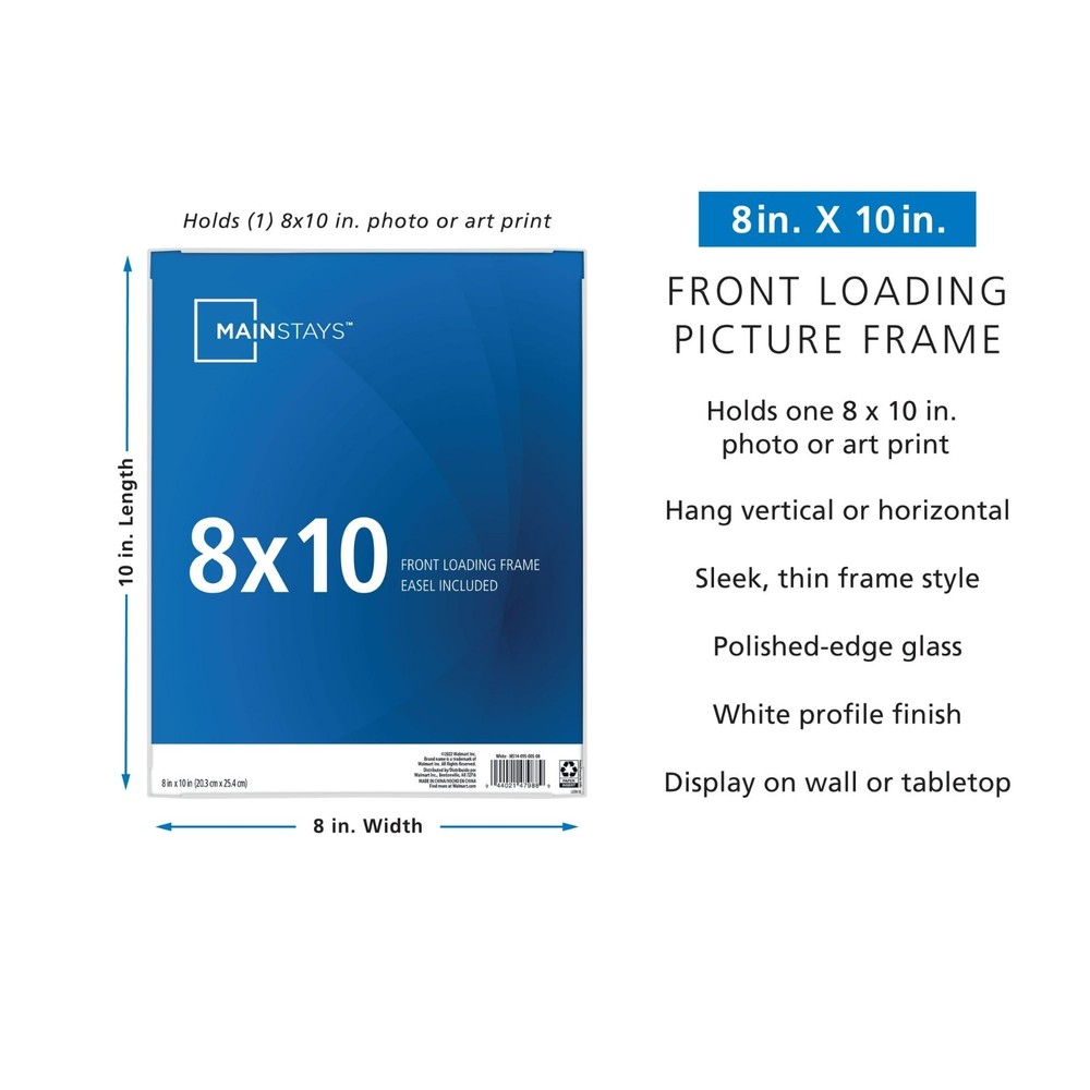 Mainstays – 8x10 Picture Frame – White Front Loading Wall or Tabletop Photo Fram