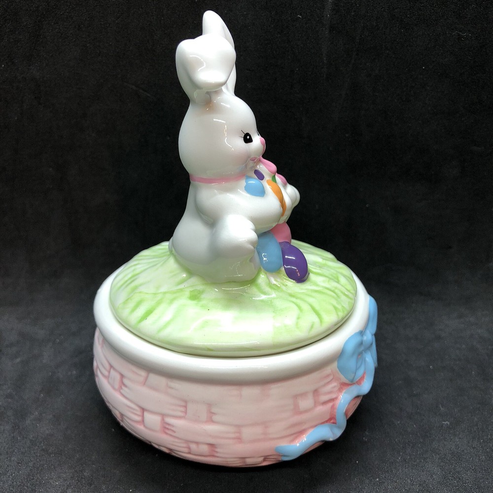 Russ Berrie Easter Bunny Rabbit Trinket Box Ceramic Easter Spring Decor
