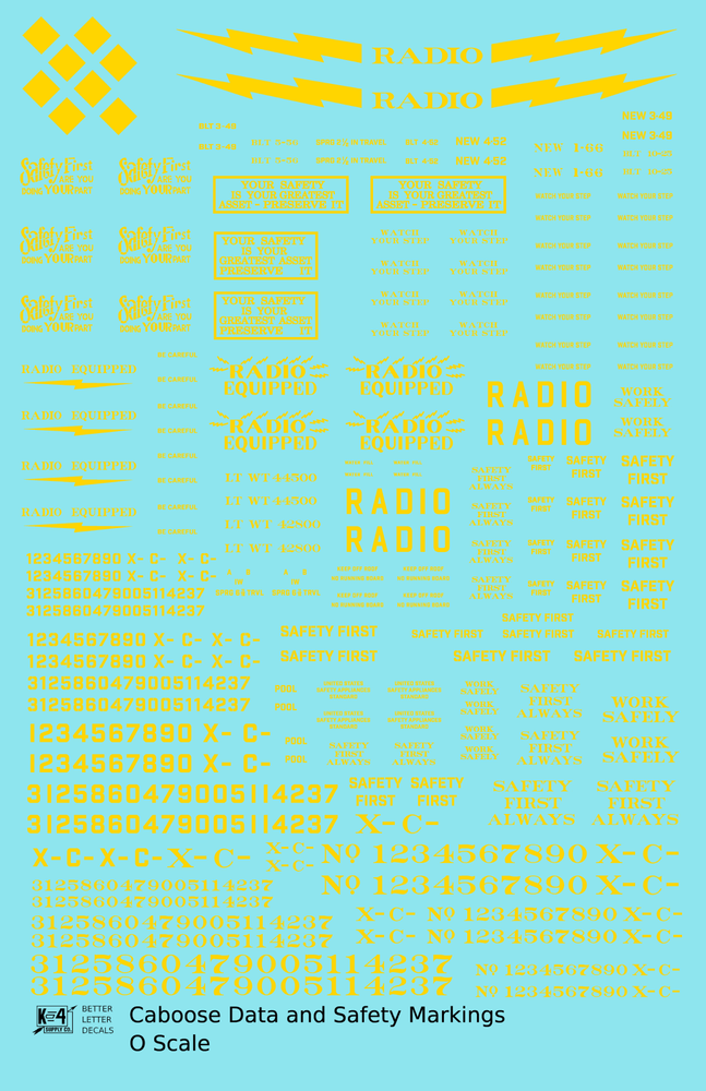 K4 O Scale Decals Caboose Data and Markings Yellow