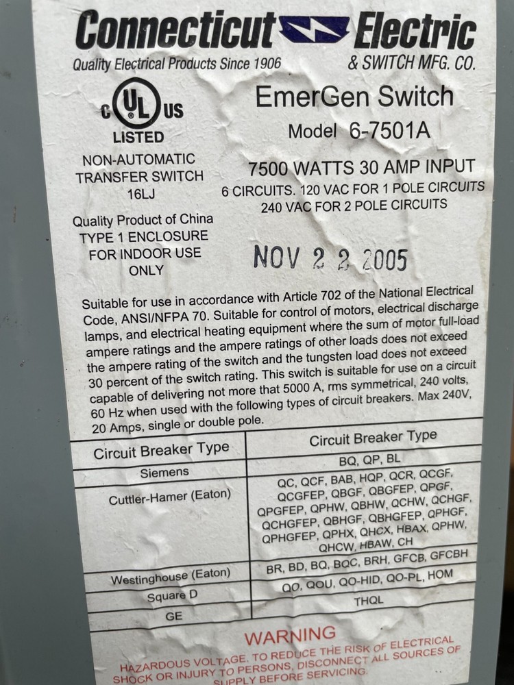 EmerGen Switch 6-7501A Manual Transfer Switch - NEVER USED